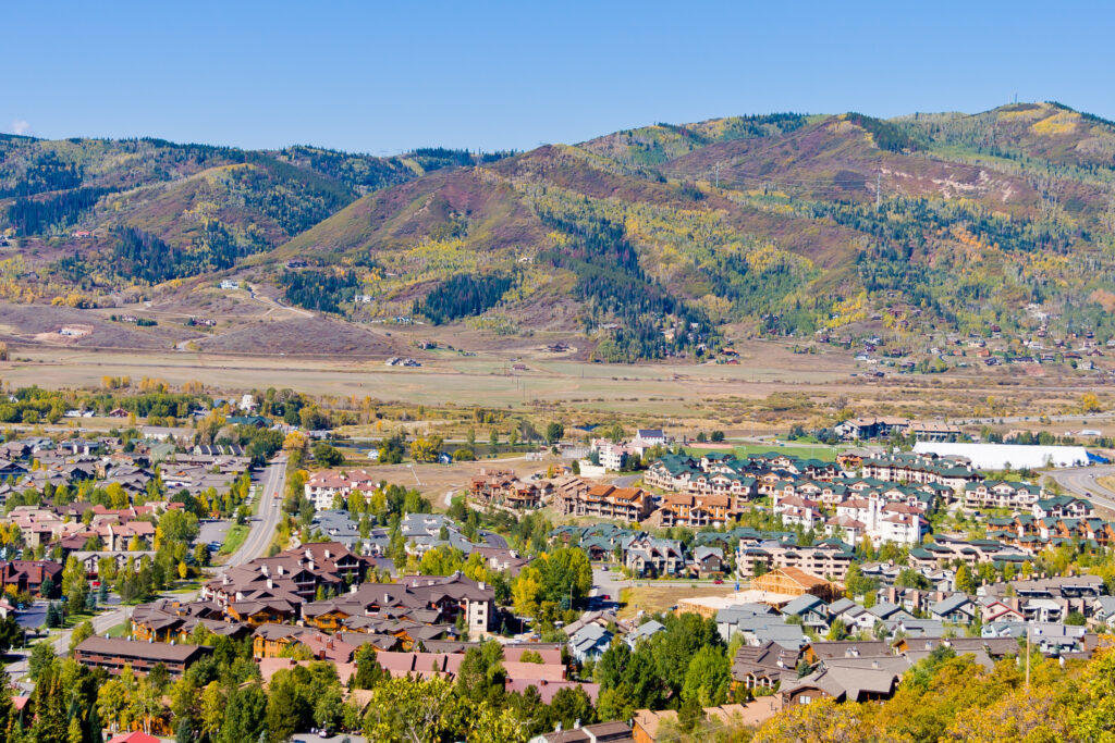 Aerial view of northern Colorado town of Steamboat Springs, Routt County, in Autumn